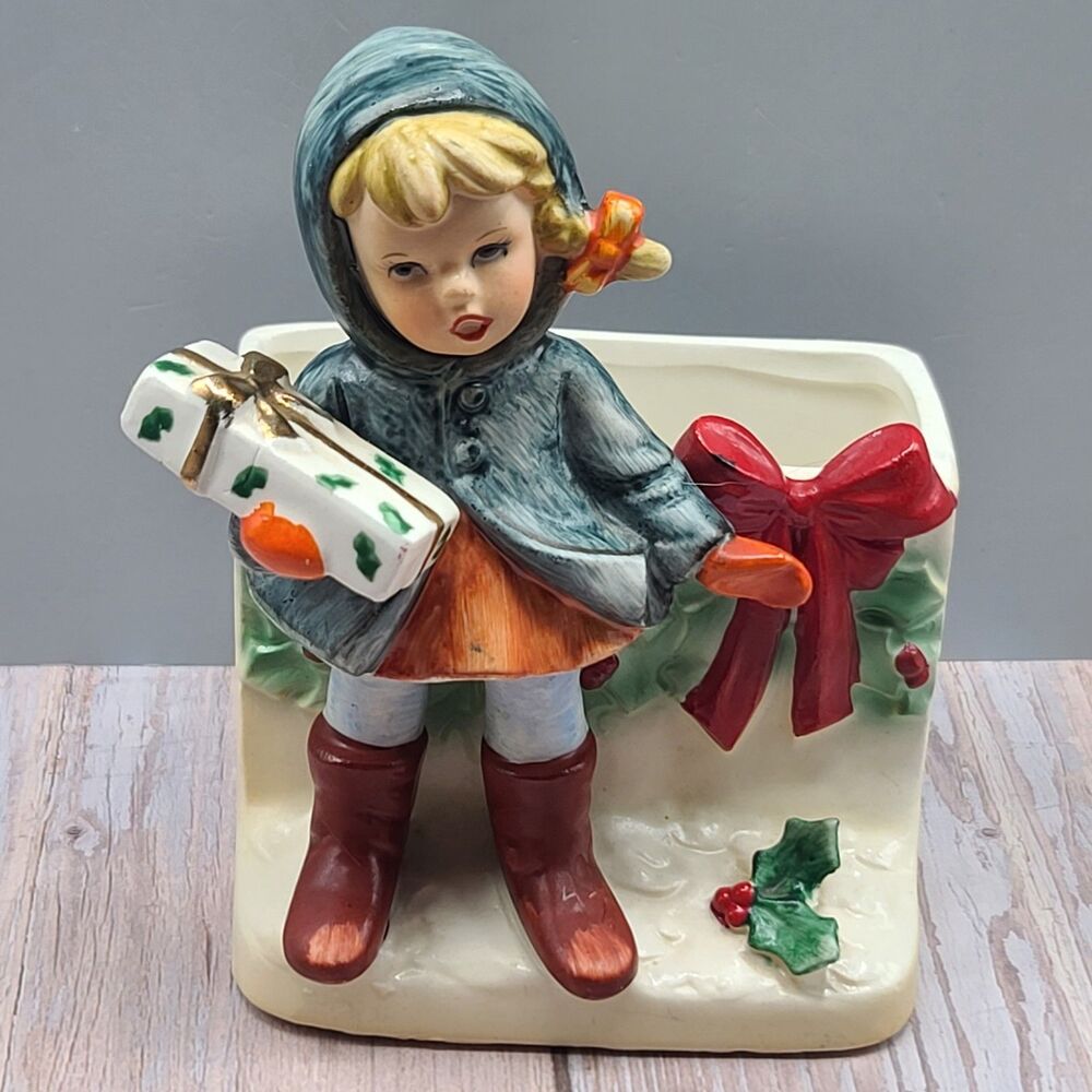 Vintage Napcoware Holiday Planter Blue Coat Girl Gift Holly X 8370 Christmas Bow